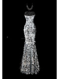Ndyad Mermaid Sweetheart Neck Evening Dress Modest Silver Sequined Formal Dress Long Prom Dress HZ1024