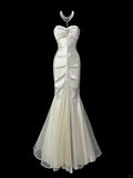 Ndyad Mermaid Sweetheart Neck Evening Dress Modest Light Champagne Satin Tulle Formal Dress Long Prom Dress HZ1024