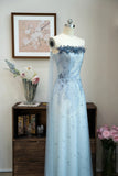 Ndyad Strapless Sheath Applique Evening Dress Blue Tulle Beaded Formal Dress Sweet Birthday Dress HZ1024