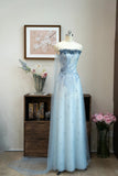 Ndyad Strapless Sheath Applique Evening Dress Blue Tulle Beaded Formal Dress Sweet Birthday Dress HZ1024