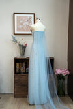 Ndyad Strapless Sheath Applique Evening Dress Blue Tulle Beaded Formal Dress Sweet Birthday Dress HZ1024