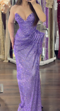 Ndyad Sweetheart Neck Sheath Evening Dress Purple Glitter Net Formal Dress Modest Long Prom Dress HZ1024