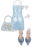 Ndyad Bodycon Short Party Dress Sparkly Spaghetti Strap Sequin Hoco Dresses Sweet Sky Blue Birthday Outfit HZ1024