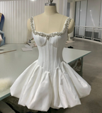 Ndyad Square Neck Ball Gown Satin Short Party Dress Rhinestone Hoco Dresses Elegant Formal Dress Birthday Outfits HZ1024