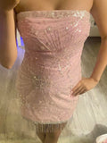 Ndyad Strapless Bodycon Short Party Dress Pink Sparkly Sequin Hoco Dresses Cute Birthday Outfit Formal Dress HZ1024