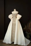 Ndyad Strapless Sheath Tulle Evening Gown Champagne Beaded Elegant Long Prom Dresses HZ1024
