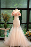Ndyad Off-the-shoulder Mermaid Tulle Evening Gown Light Coral Beaded Sequin Long Prom Dresses Sweet Birthday Outfits HZ1024
