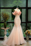 Ndyad Off-the-shoulder Mermaid Tulle Evening Gown Light Coral Beaded Sequin Long Prom Dresses Sweet Birthday Outfits HZ1024