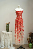 Ndyad Strapless Sheath Tulle Evening Gown Red Lace Applique Long Prom Dresses Bridesmaid Dresses HZ1024
