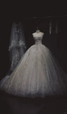Ndyad White Spaghetti Strap Bridal Dress Sparkly Applique Ball Gown Elegant Beaded Tulle Long Wedding Dress HZ1024