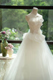 Ndyad White Strapless Bridal Dress Long Ball Gown Elegant Tulle Long Wedding Dress HZ1024