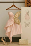 Ndyad Pink Sheath Formal Dress Spaghetti Strap Party Dress Birthday Dress Satin Short Homecoming Dresses HZ1024