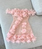 Ndyad Pink A-Line Party Dress Off-shoulder Tulle Sequins Three-dimensional Applique Homecoming Outfit Sweet 16th Birthday Dress HZ1024