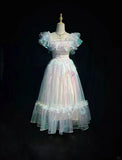Ndyad Colorful Ball Gown Square Neck Party Dress Chiffon Homecoming Outfit Elegant Birthday Dress HZ1024