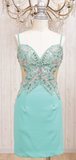 Ndyad Sheath Blue Spaghetti Strap Formal Dress Vintage Short Beaded Satin Homecoming Outfit Elegant Birthday Dress HZ1024