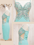 Ndyad Sheath Blue Spaghetti Strap Formal Dress Vintage Short Beaded Satin Homecoming Outfit Elegant Birthday Dress HZ1024