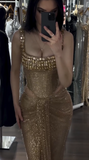 Ndyad Gold Sheath Corset Long Prom Dresses Square Neck Sequin Mesh Evening Gowns HZ1024