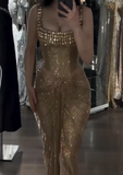 Ndyad Gold Sheath Corset Long Prom Dresses Square Neck Sequin Mesh Evening Gowns HZ1024