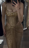 Ndyad Gold Sheath Corset Long Prom Dresses Square Neck Sequin Mesh Evening Gowns HZ1024