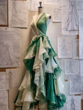 Ndyad White/Green A-Line V-Neck Long Prom Dresses Chiffon Tiered Evening Gowns Vintage Birthday Dress HZ1024