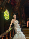 Ndyad Mermaid Spaghetti Strap Long Prom Dresses Elegant Tulle Beaded Birthday Evening Dress HZ1024