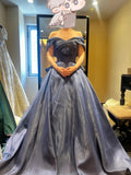 Ndyad Navy Blue Ball Gown Off Shoulder Quinceanera Dress Satin Sweet 16 Dress Graduation Dress HZ1024