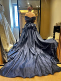Ndyad Navy Blue Ball Gown Off Shoulder Quinceanera Dress Satin Sweet 16 Dress Graduation Dress HZ1024