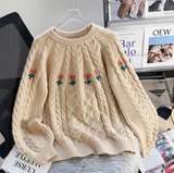 Ndyad embroidered round neck white cable knot sweater HZ1024