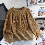 Ndyad embroidered round neck white cable knot sweater HZ1024
