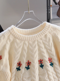 Ndyad embroidered round neck white cable knot sweater HZ1024