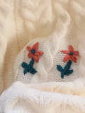 Ndyad embroidered round neck white cable knot sweater HZ1024