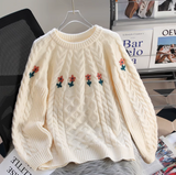 Ndyad embroidered round neck white cable knot sweater HZ1024