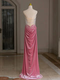 Evafashion Velvet Beads Pink Long Prom Dress, Pink Long Formal Dress HZ1024