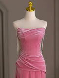 Evafashion Velvet Beads Pink Long Prom Dress, Pink Long Formal Dress HZ1024