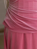 Evafashion Velvet Beads Pink Long Prom Dress, Pink Long Formal Dress HZ1024