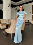 Ndyad Blue Jewel Sheath Evening Dress Satin Party Dress Wedding Guest Dress HZ1024