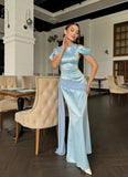 Ndyad Blue Jewel Sheath Evening Dress Satin Party Dress Wedding Guest Dress HZ1024