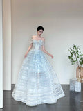 Ndyad Ice Blue Off-Shoulder Ball Gown Long Prom Dress Tulle Sequins Birthday Dress Sweet 16 Dress HZ1024
