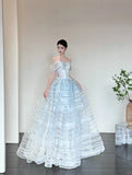 Ndyad Ice Blue Off-Shoulder Ball Gown Long Prom Dress Tulle Sequins Birthday Dress Sweet 16 Dress HZ1024