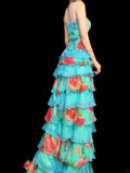 Ndyad Blue Spaghetti Straps Sheath Long Formal Dress Floral Chiffon Sweet Birthday Dress HZ1024