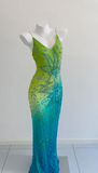 Ndyad Green/Blue V-Neck Sheath Long Formal Dress Beaded Chiffon Elegant Evening Dress HZ1024
