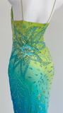 Ndyad Green/Blue V-Neck Sheath Long Formal Dress Beaded Chiffon Elegant Evening Dress HZ1024