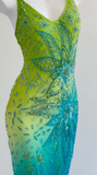 Ndyad Green/Blue V-Neck Sheath Long Formal Dress Beaded Chiffon Elegant Evening Dress HZ1024