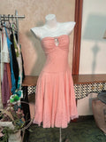 Ndyad Strapless Sheath Short Hoco Dresses Peach Tulle Lace Birthday Dress Cute Party Formal Dress HZ1024