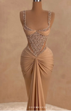 Ndyad Strap Mermaid Long Prom Dresses Champagne Beaded Satin Evening Gown Graduation Dress HZ1024
