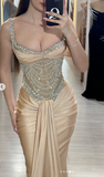 Ndyad Strap Mermaid Long Prom Dresses Champagne Beaded Satin Evening Gown Graduation Dress HZ1024