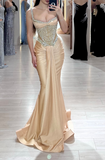 Ndyad Strap Mermaid Long Prom Dresses Champagne Beaded Satin Evening Gown Graduation Dress HZ1024