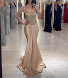 Ndyad Strap Mermaid Long Prom Dresses Champagne Beaded Satin Evening Gown Graduation Dress HZ1024