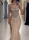 Ndyad Strap Mermaid Long Prom Dresses Champagne Beaded Satin Evening Gown Graduation Dress HZ1024
