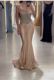 Ndyad Strap Mermaid Long Prom Dresses Champagne Beaded Satin Evening Gown Graduation Dress HZ1024